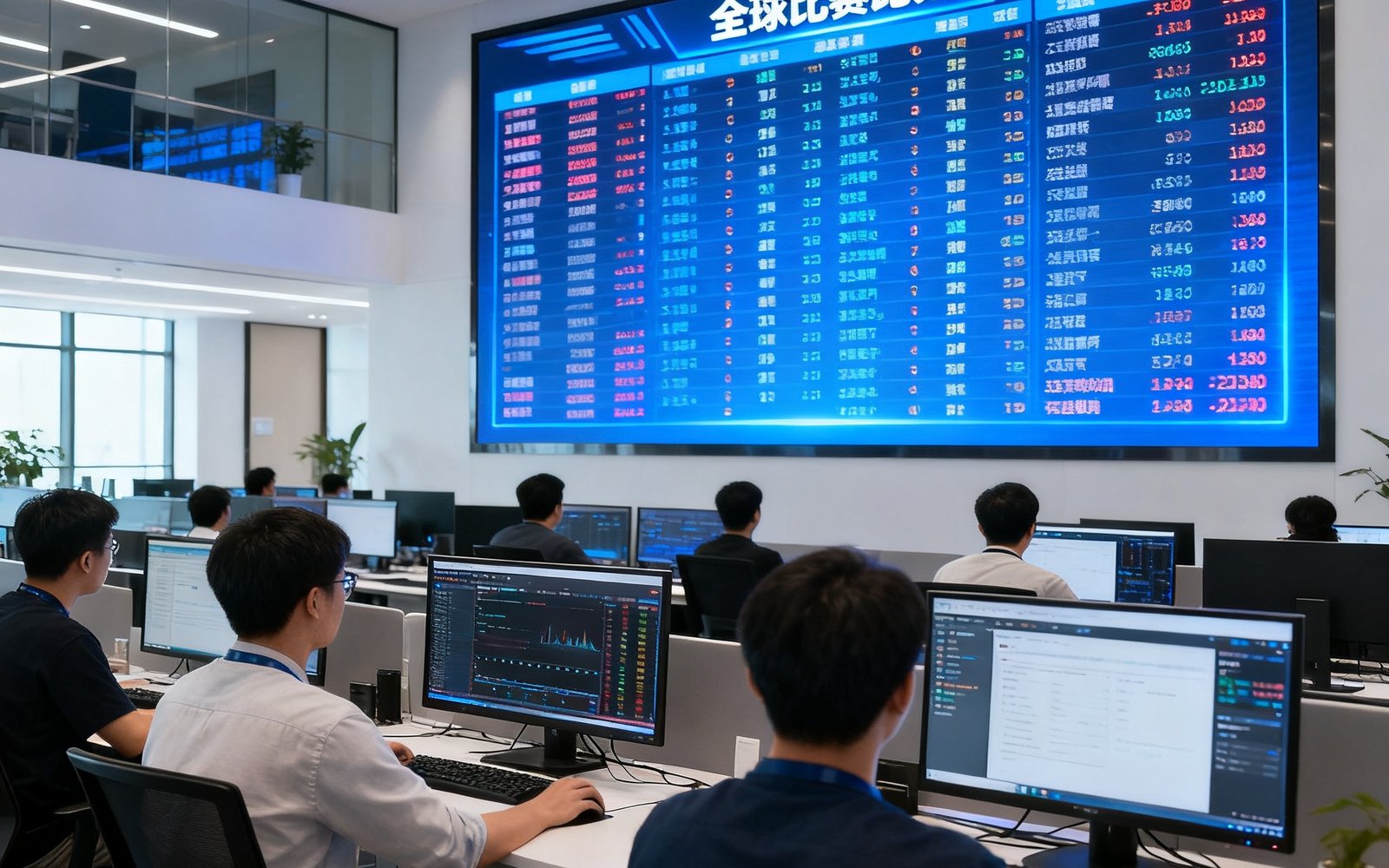 体球网深圳办公室实景：开放式办公区内大型LED屏幕实时滚动全球比赛比分，技术团队成员专注监控数据流